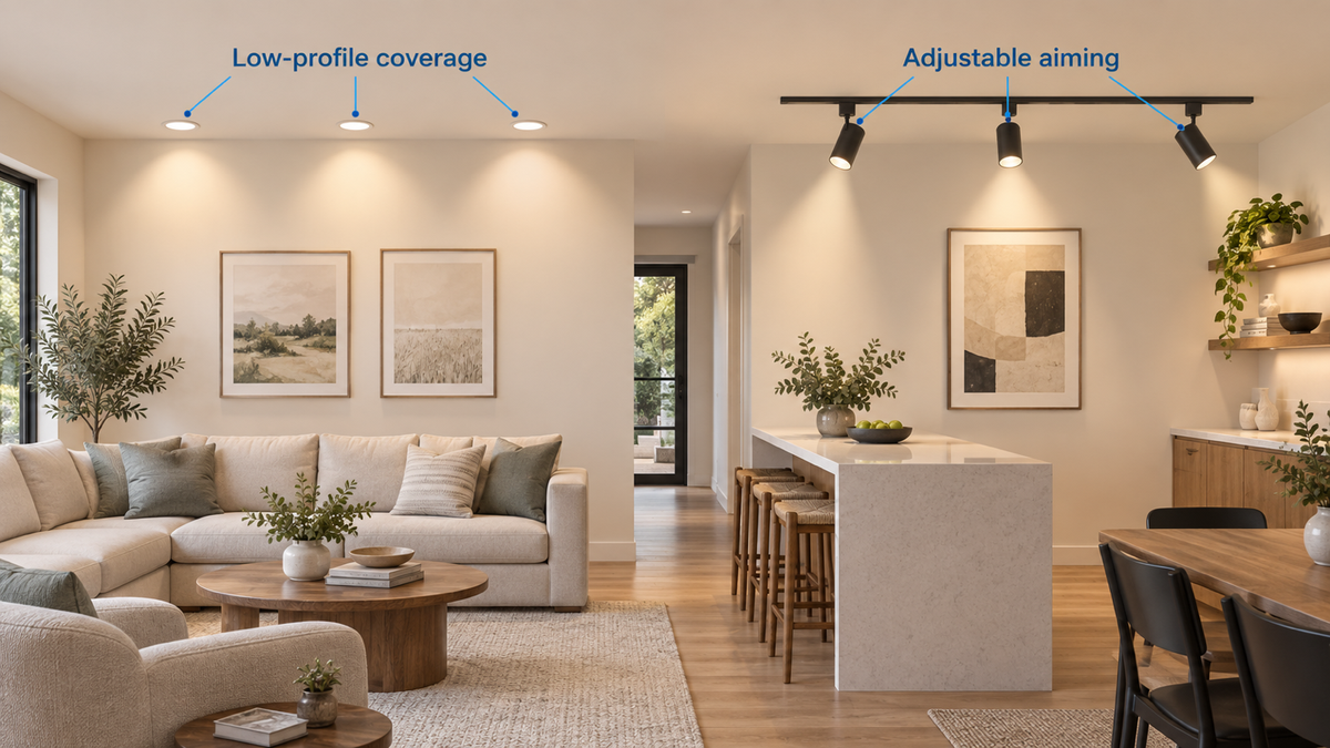 Side-by-side comparison of low-profile recessed lighting and adjustable track lighting in a home interior.