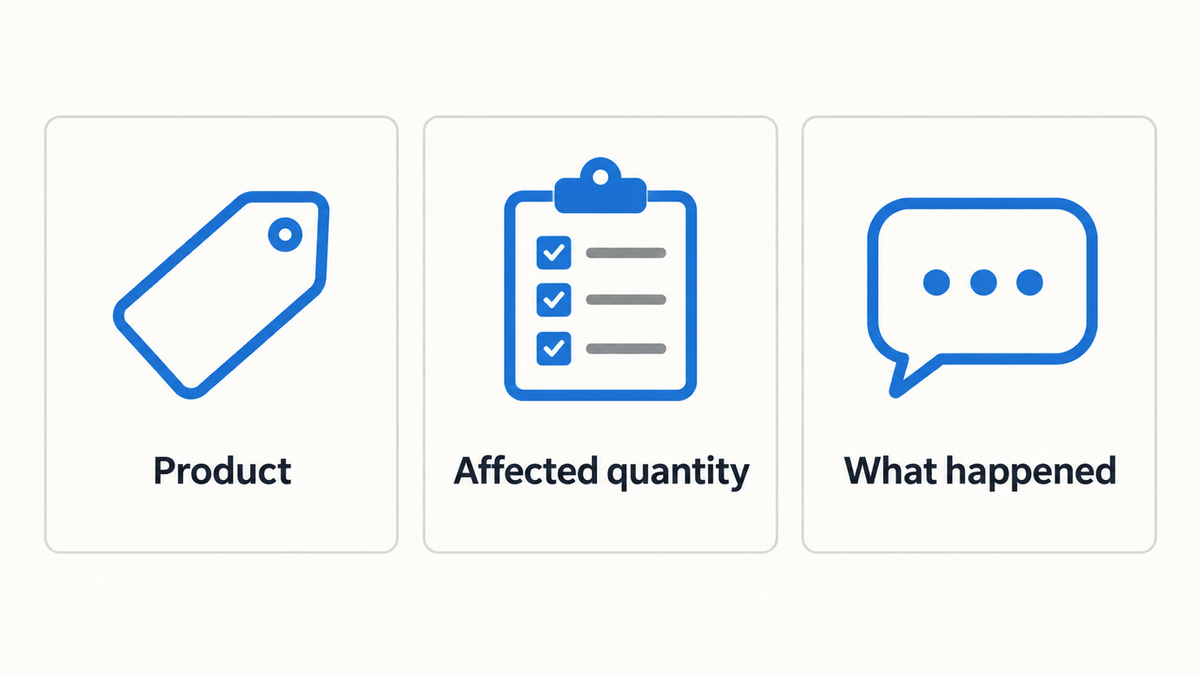 Three details to include in a lighting support request: product, affected quantity, and what happened.
