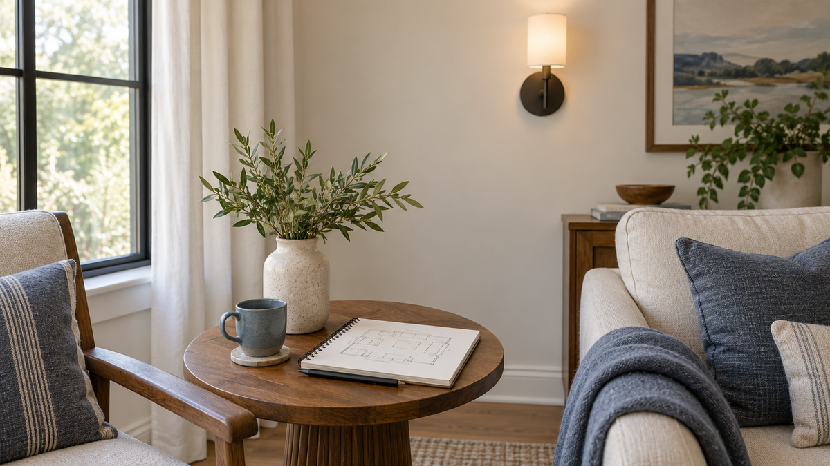 A room-planning notebook beside a wall-light area in a residential room.