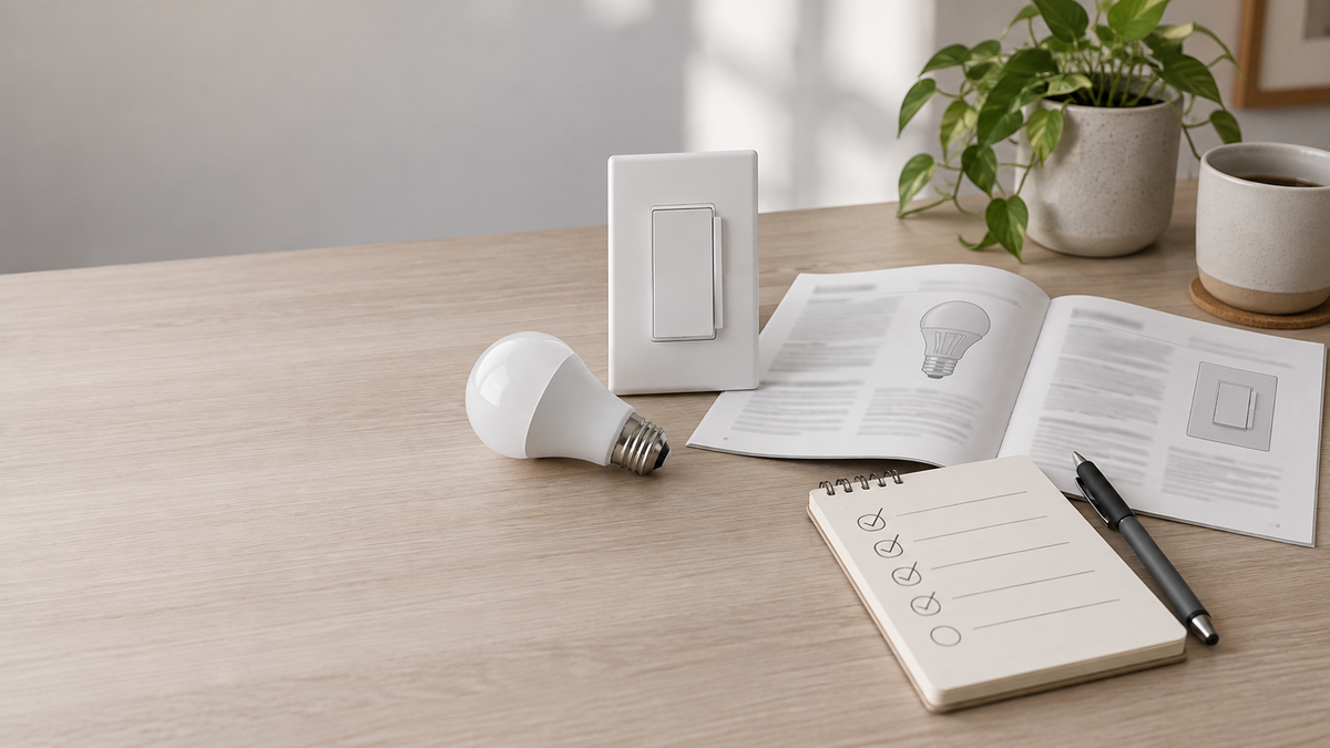 An unbranded lighting manual and a dimmer-check checklist on a tabletop.