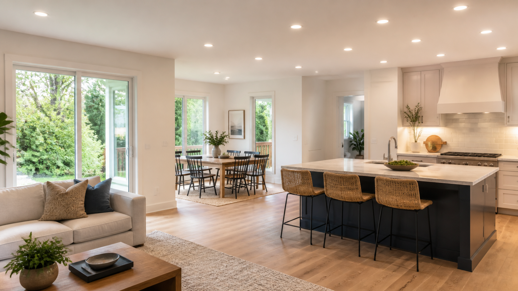 Warm, neutral open-plan kitchen and living area with recessed ceiling lighting, illustrating color-temperature planning for a home.
