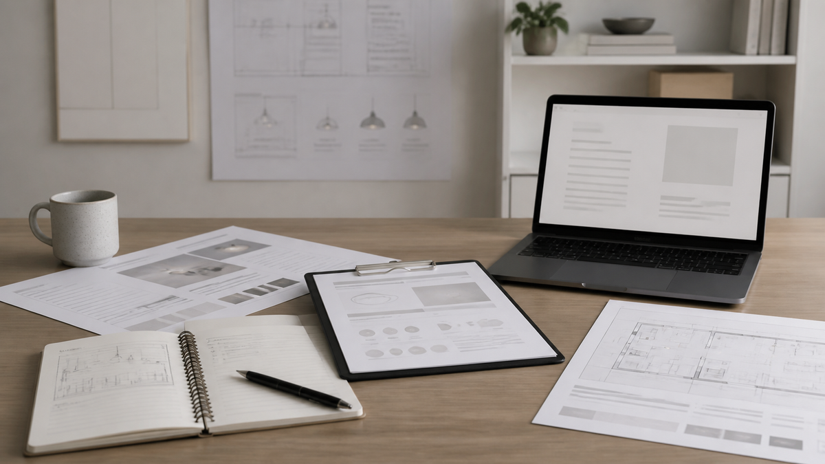 Planning desk scene with lighting documents and notes used to illustrate how to choose the right JOLUX spec-sheet or support path before ordering.
