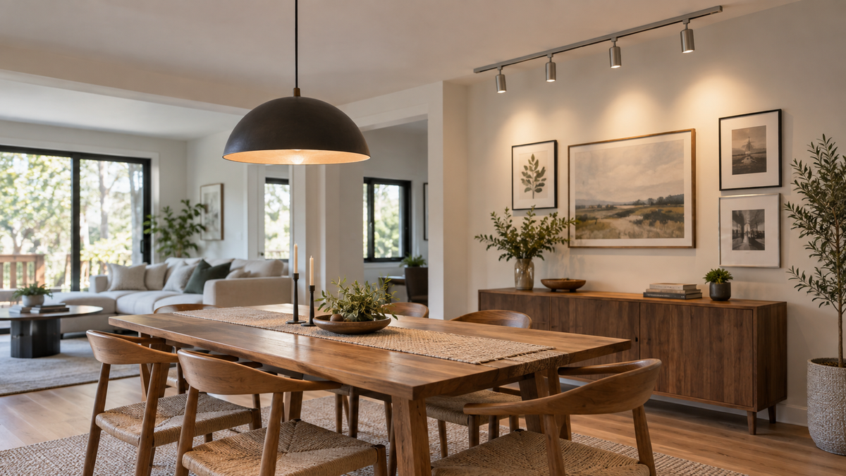 Dining room with a pendant over a wood table and track lights directed toward framed wall art.