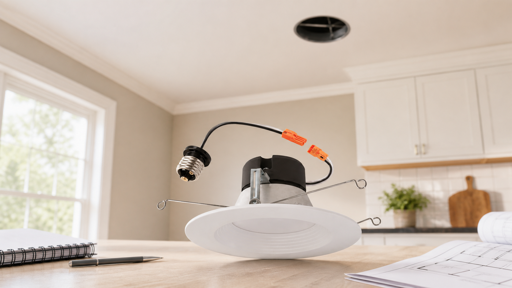 Retrofit can light conversion kit planning scene for checking ceiling fit before buying.