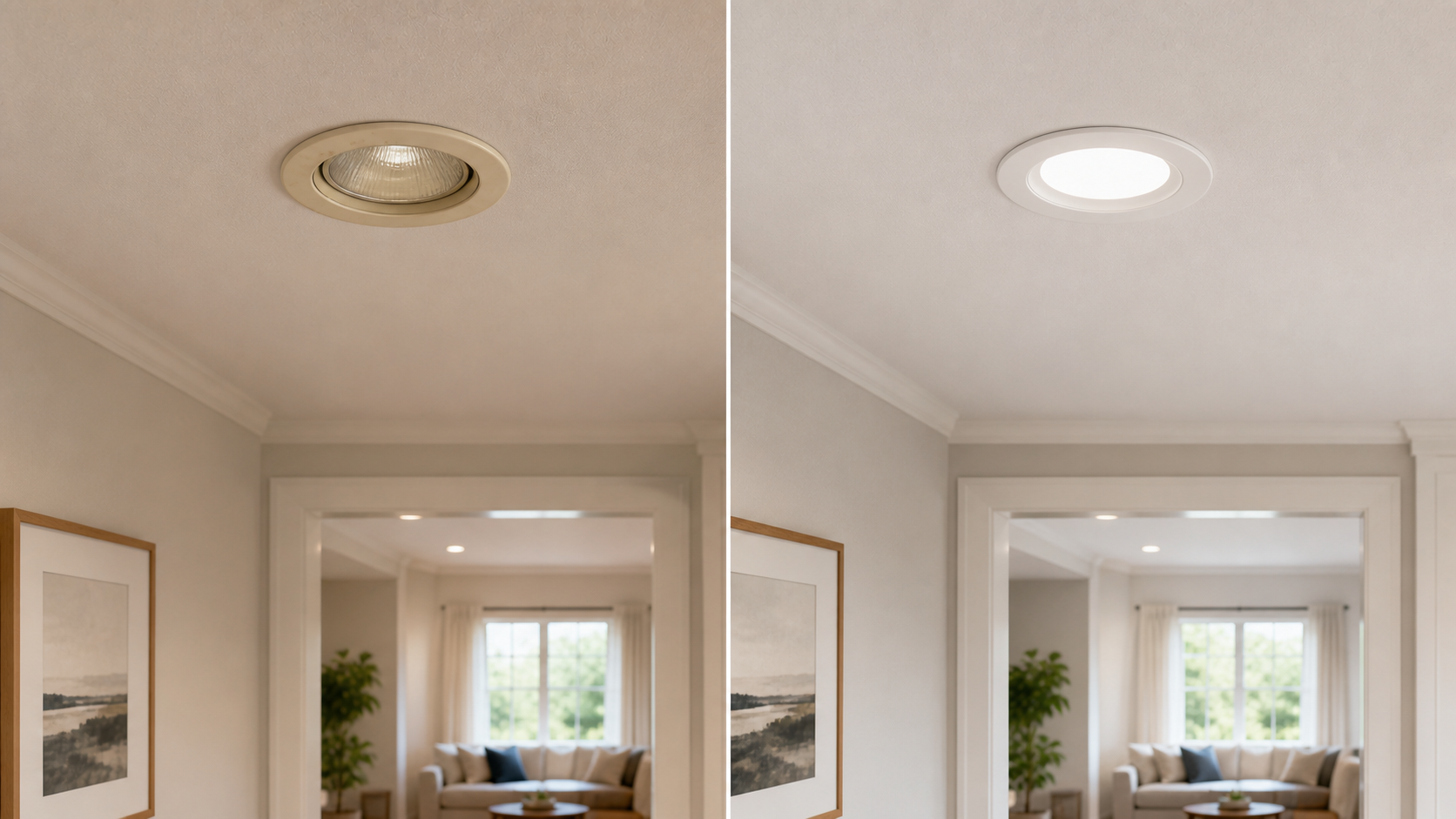 Before and after ceiling lighting visual for troubleshooting retrofit can light installation issues.