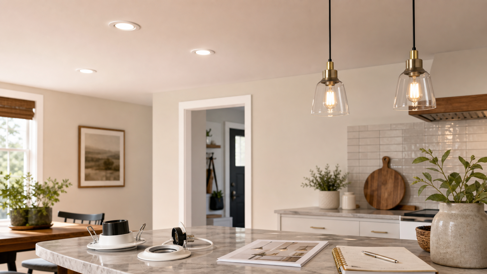 Kitchen lighting planning scene comparing recessed can lights and pendant lighting options before choosing an upgrade path.