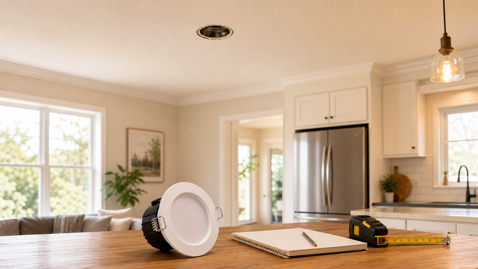 Homeowner-friendly recessed can light inspection scene for checking retrofit light fit before buying.