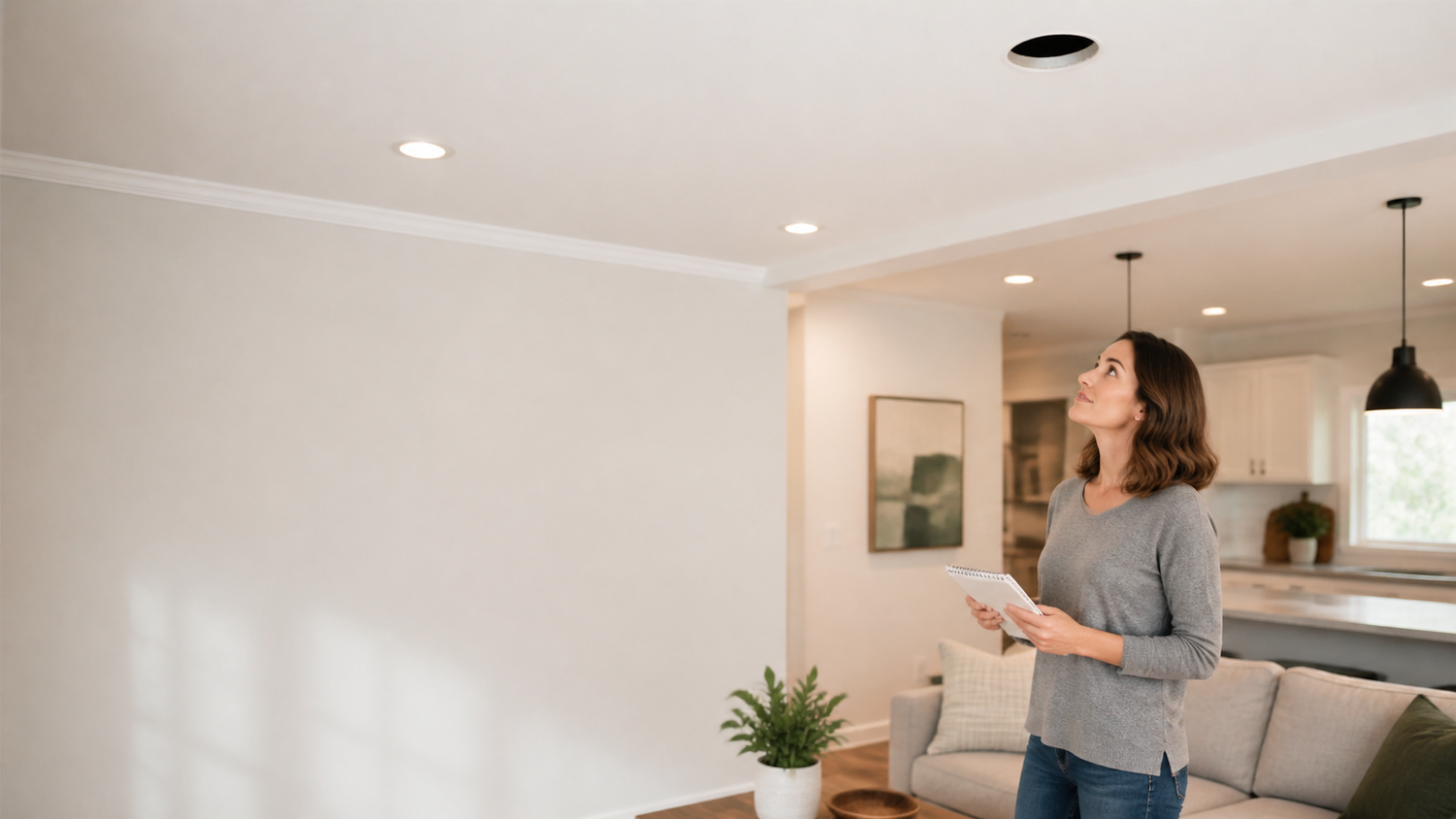 Home ceiling and recessed-light planning scene used to illustrate a retrofit can light fit checklist before buying.