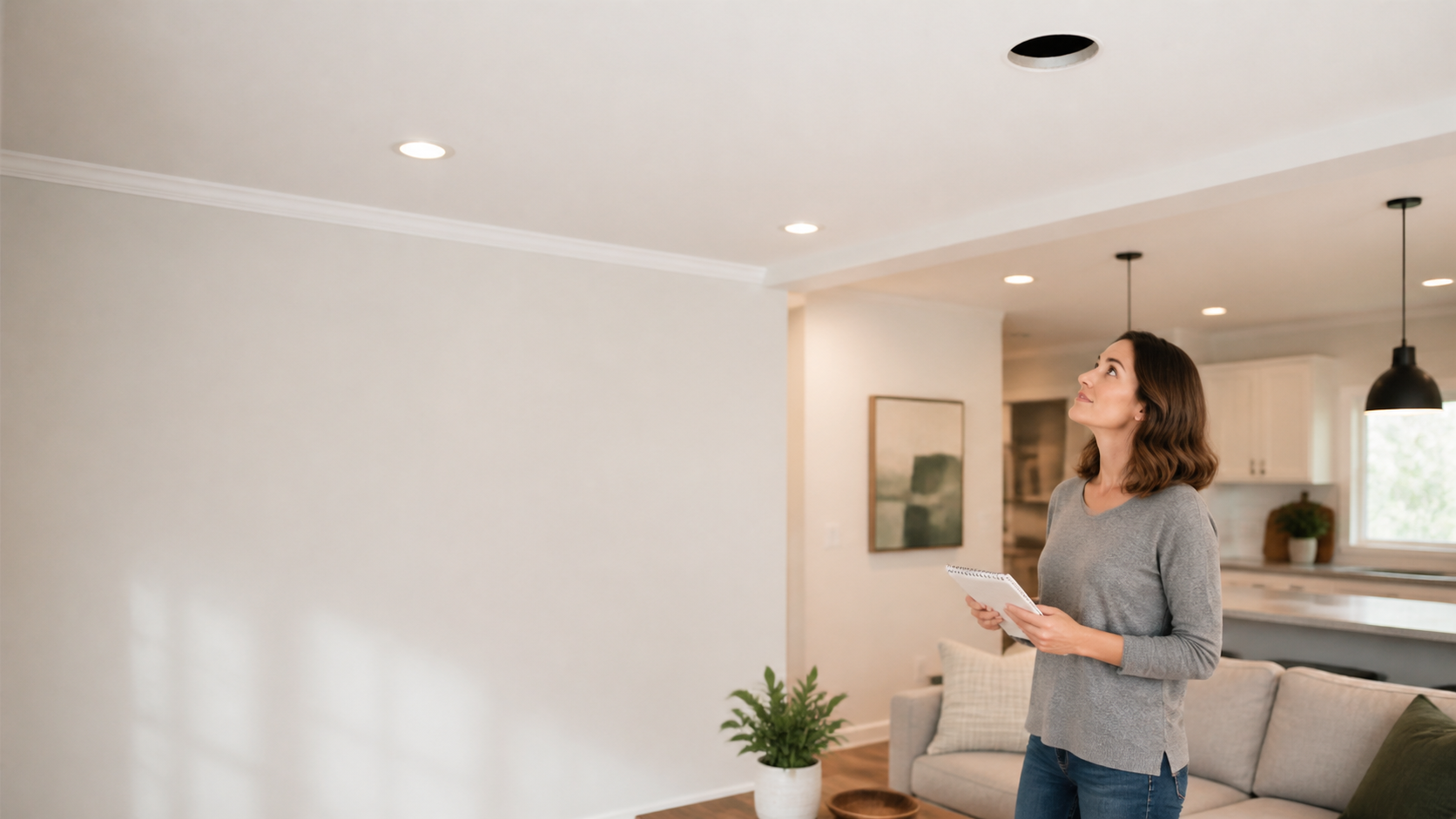 Home ceiling and recessed-light planning scene used to illustrate a retrofit can light fit checklist before buying.