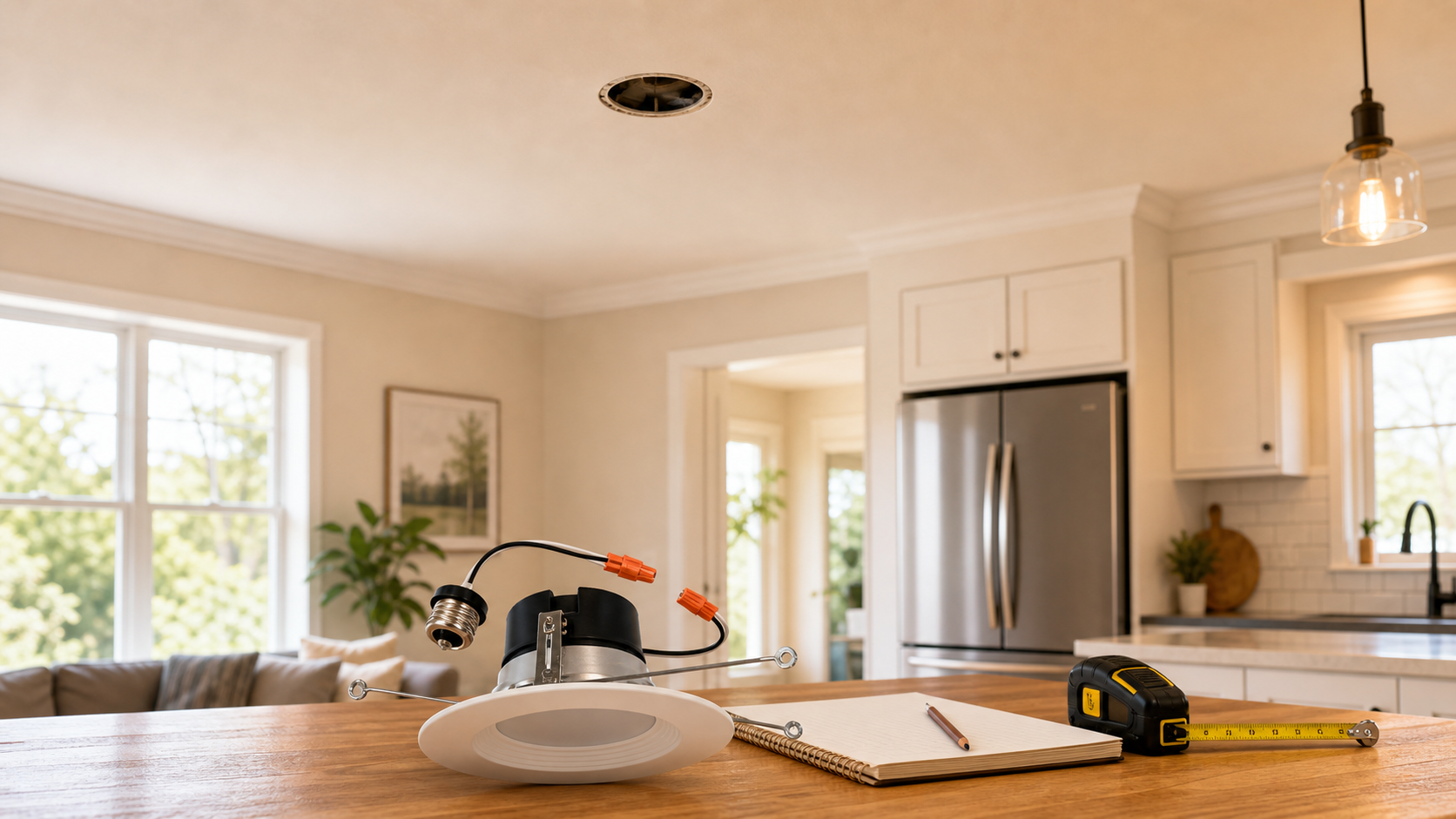 Homeowner-friendly retrofit can light fit check scene with standard E26 adapter and spring-arm module