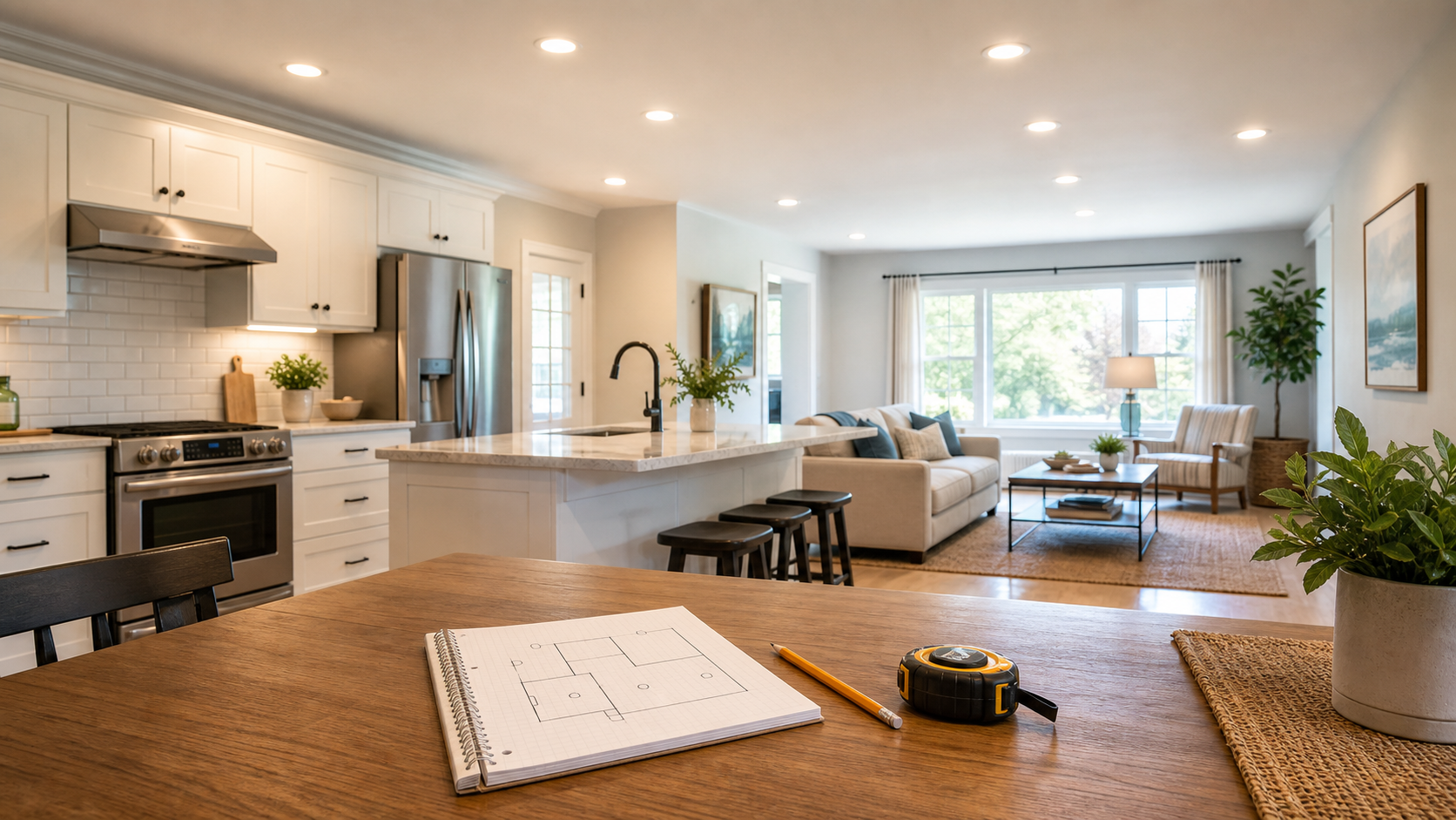 Home lighting planning scene with recessed ceiling lights and a room sketch for estimating retrofit can light quantity before ordering.